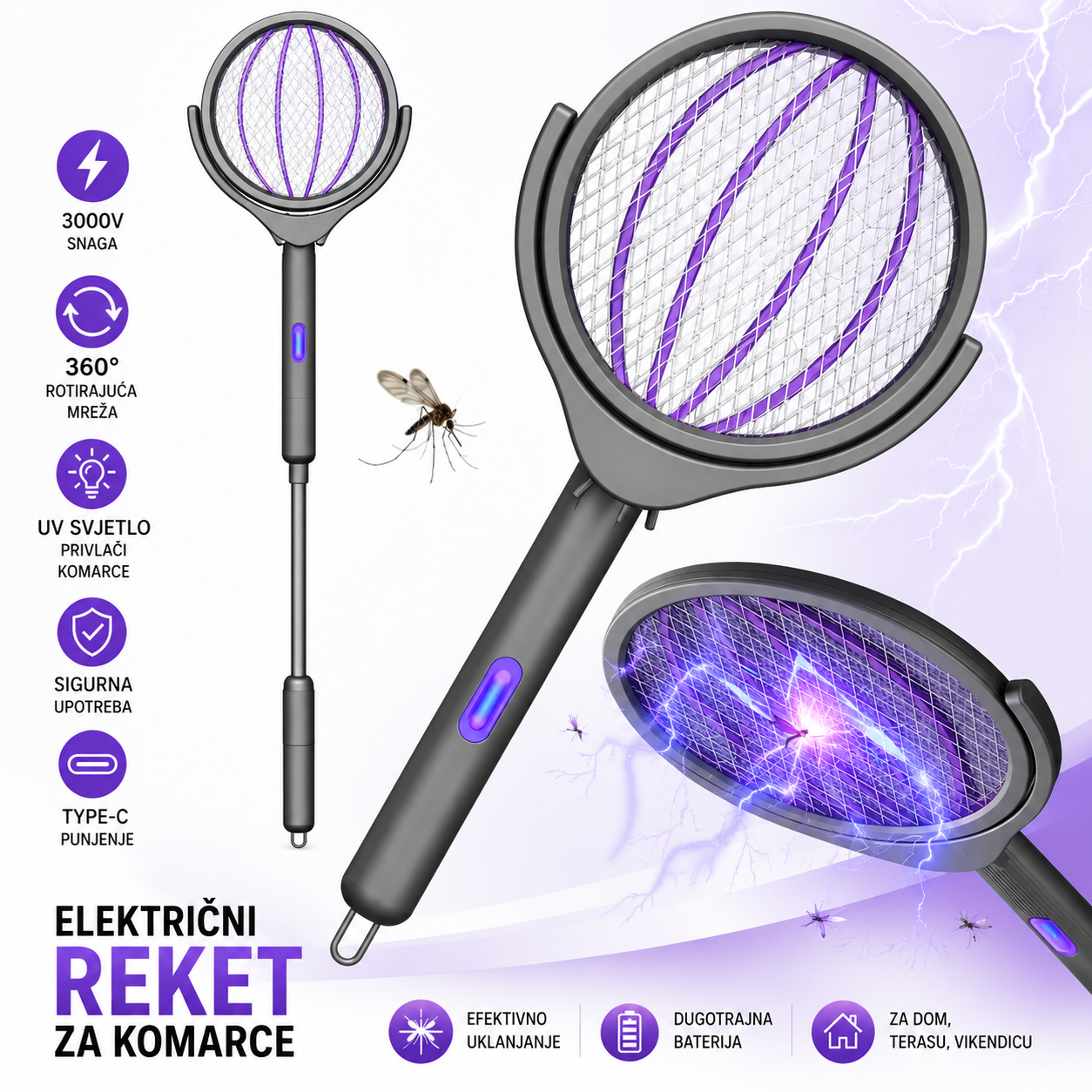 Električni reket za komarce sa teleskopskom drškom i UV svjetlom