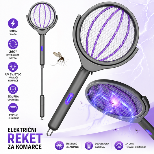 Električni reket za komarce sa teleskopskom drškom i UV svjetlom
