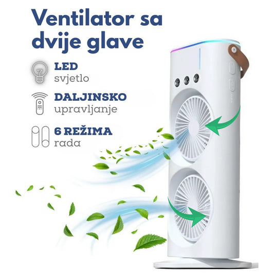 Rotirajući ventilator sa dvije glave i raspršivačem vode – sa punjivom baterijom i daljinskim upravljačem
